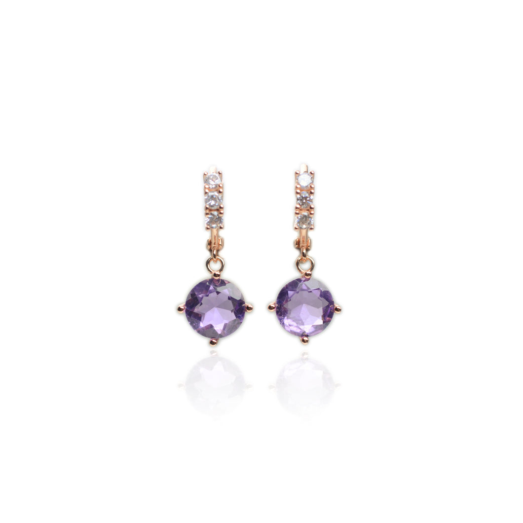 8 mm. Round Cut Purple Brazilian Amethyst with Cz Accents Drop Earrings