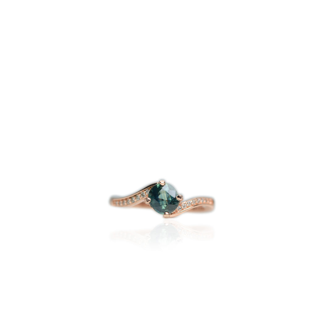 5 x 6 mm. Oval Cut Blue Green Australian Sapphire with Cz Accents Ring