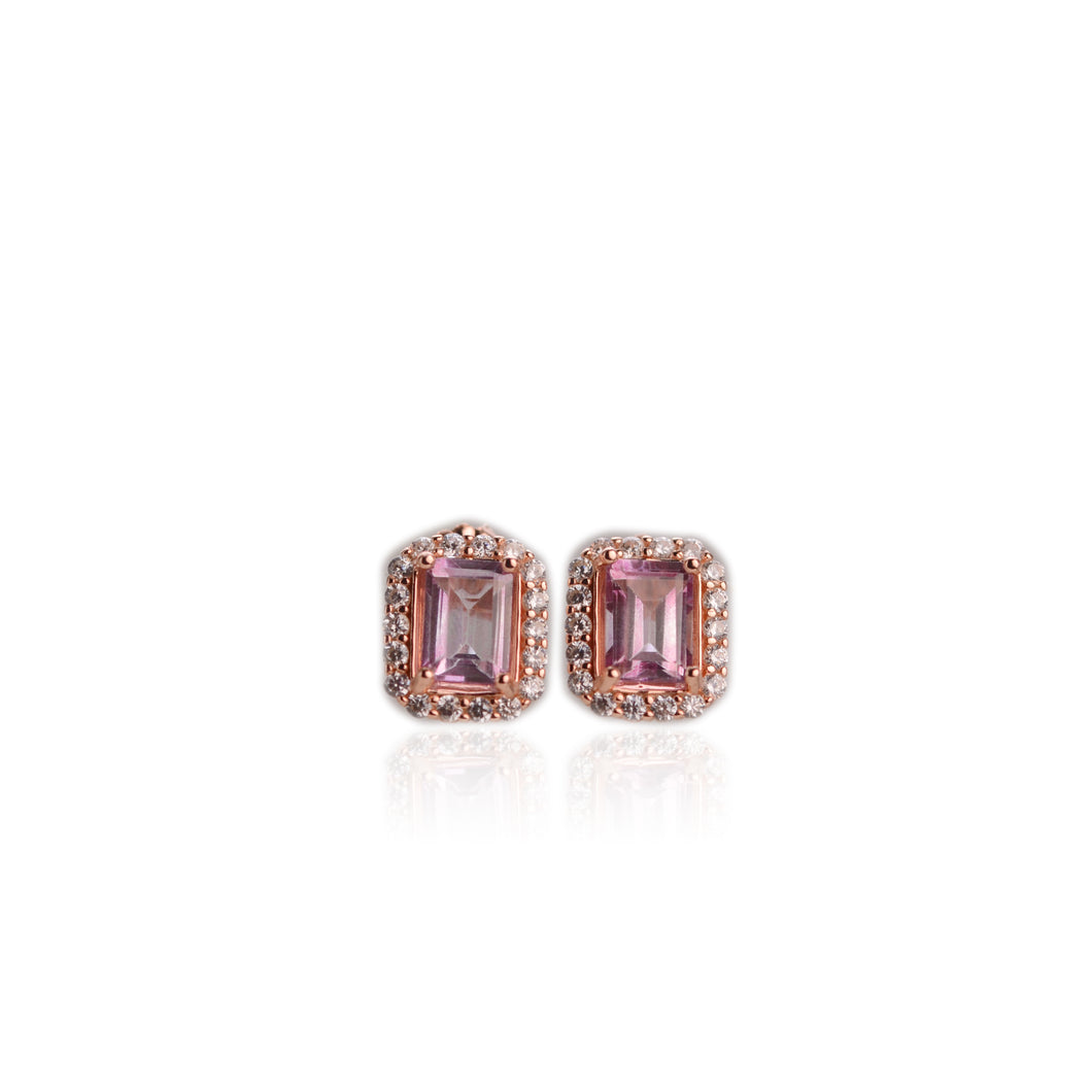 5 x 7 mm. Octagon Cut Light Pink Brazilian Mystic Topaz with Cz Halo Earrings