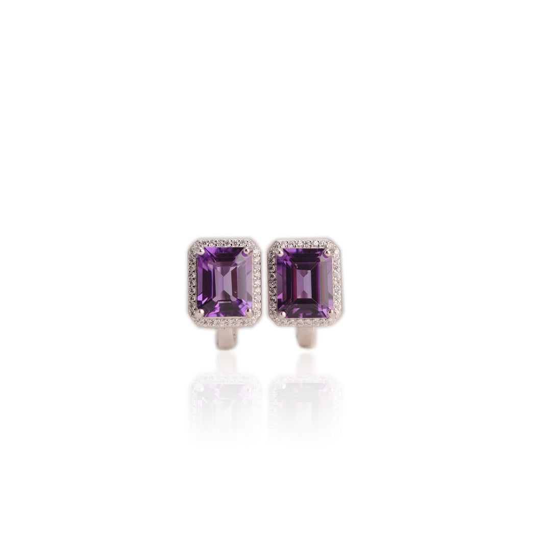 8 x 10 mm. Octagon Cut Purple Uruguayan Amethyst with Cz Halo Earrings