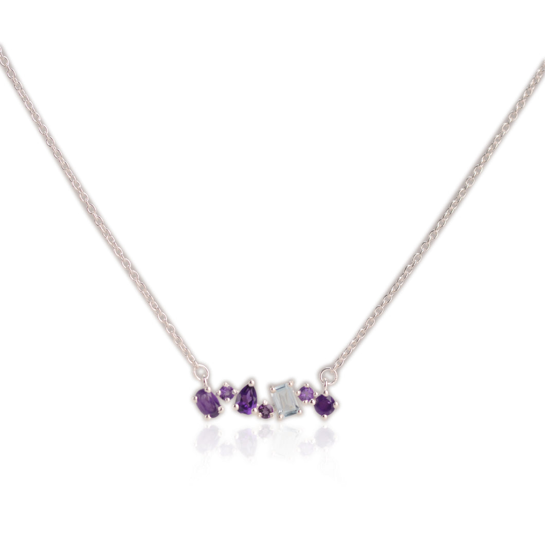 4 x 6 mm. Octagon Cut Sky Blue Brazilian Topaz and Amethyst Cluster Necklace
