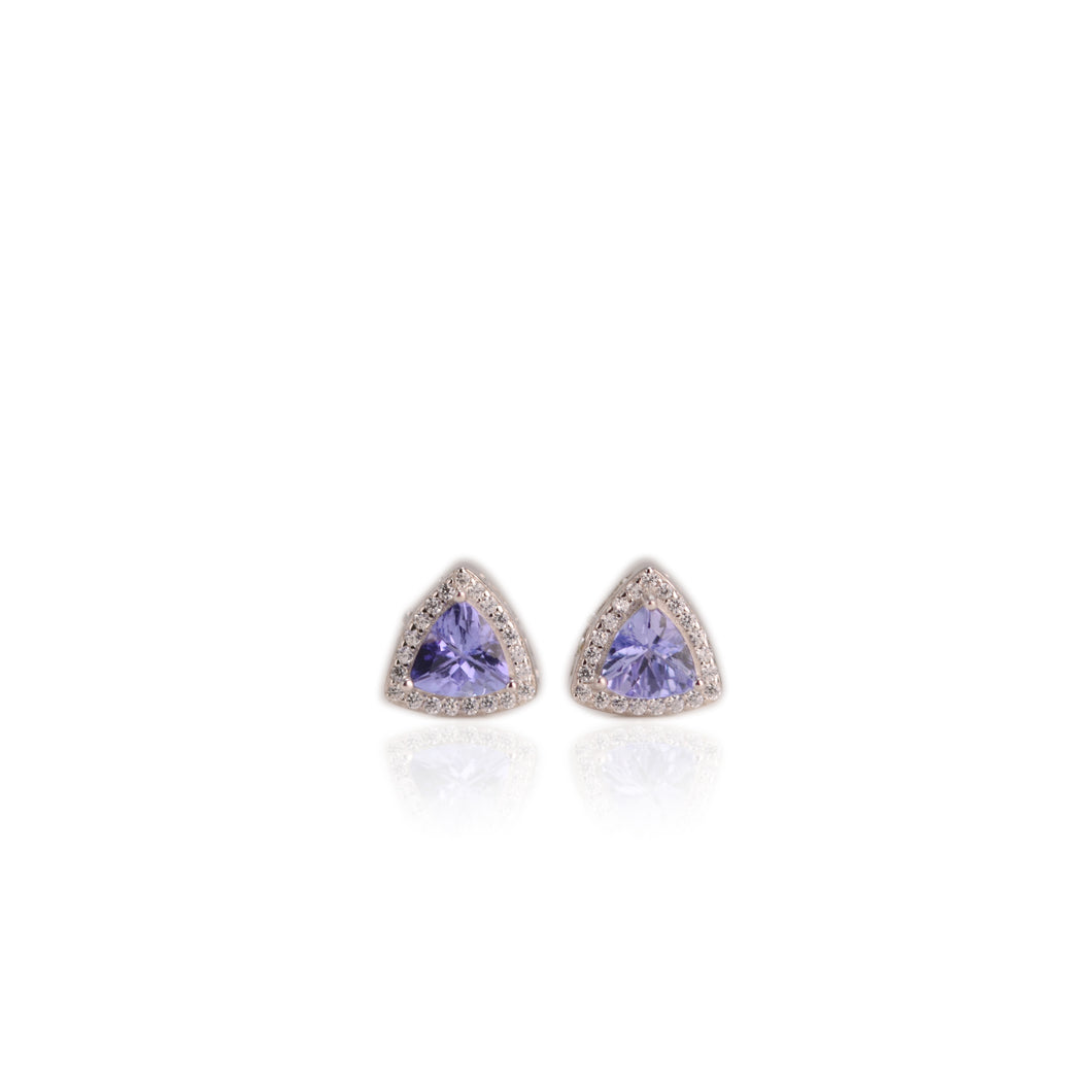 6 mm. Trillion Cut Blue Violet Tanzanite with Cz Halo Earrings