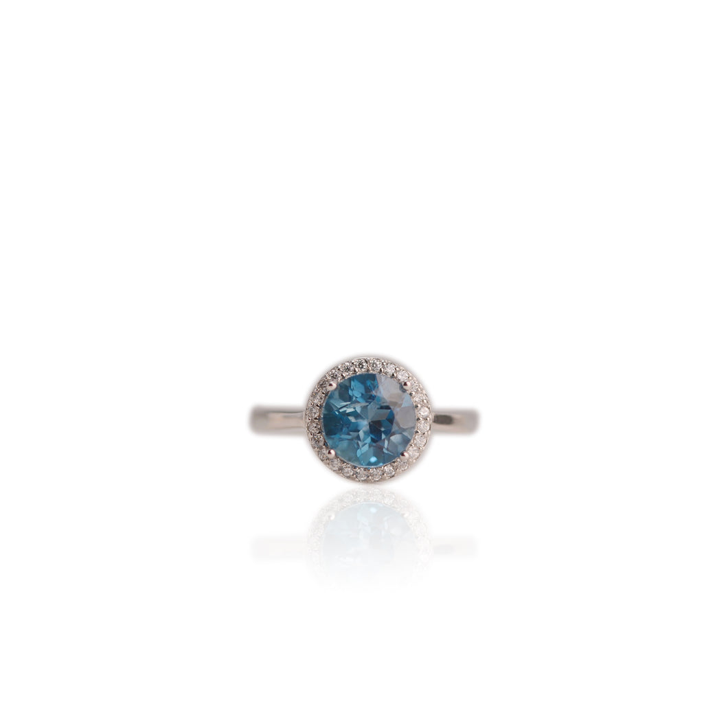 8 mm. Round Cut London Blue Brazilian Topaz with Cz Halo Ring