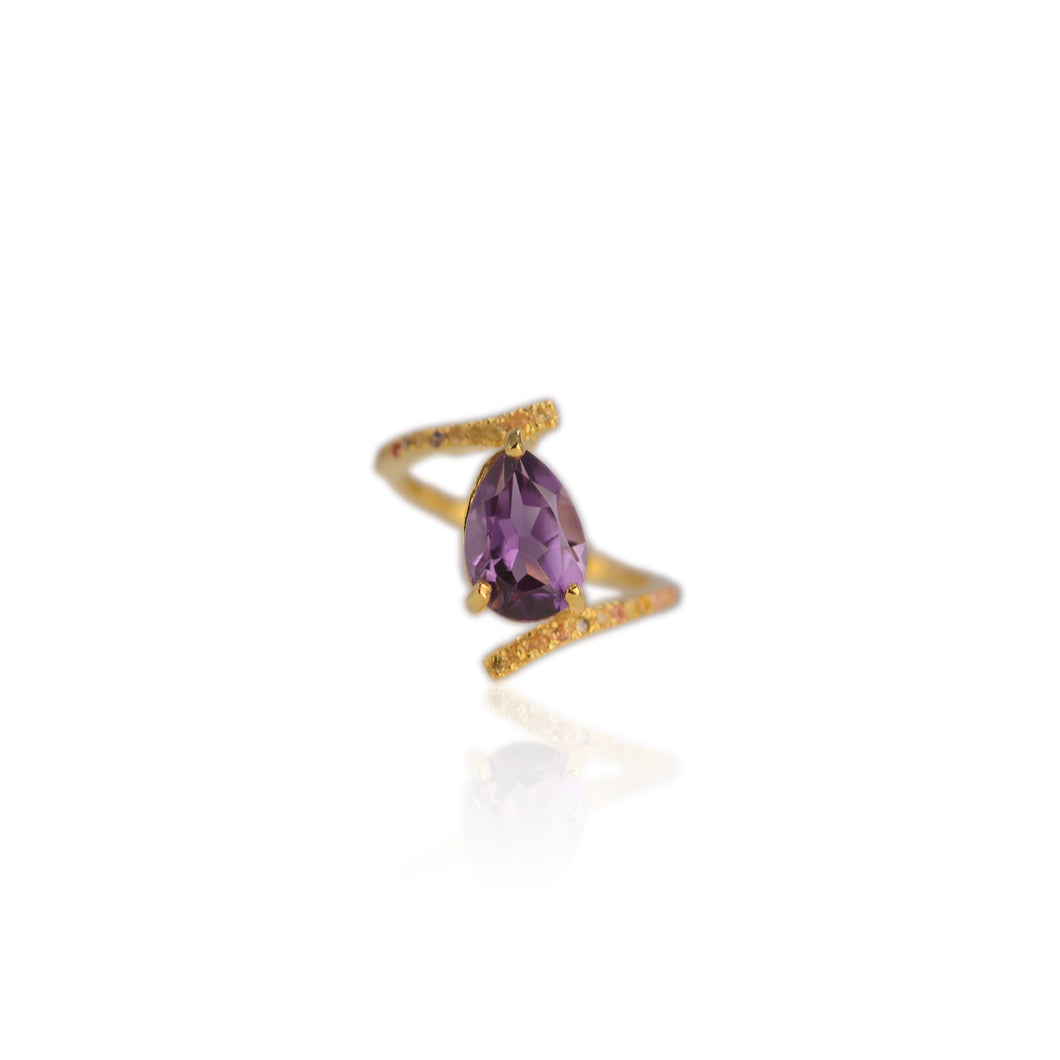 8 x 12 mm. Pear Cut Purple Uruguayan Amethyst with Sapphire Accents Ring