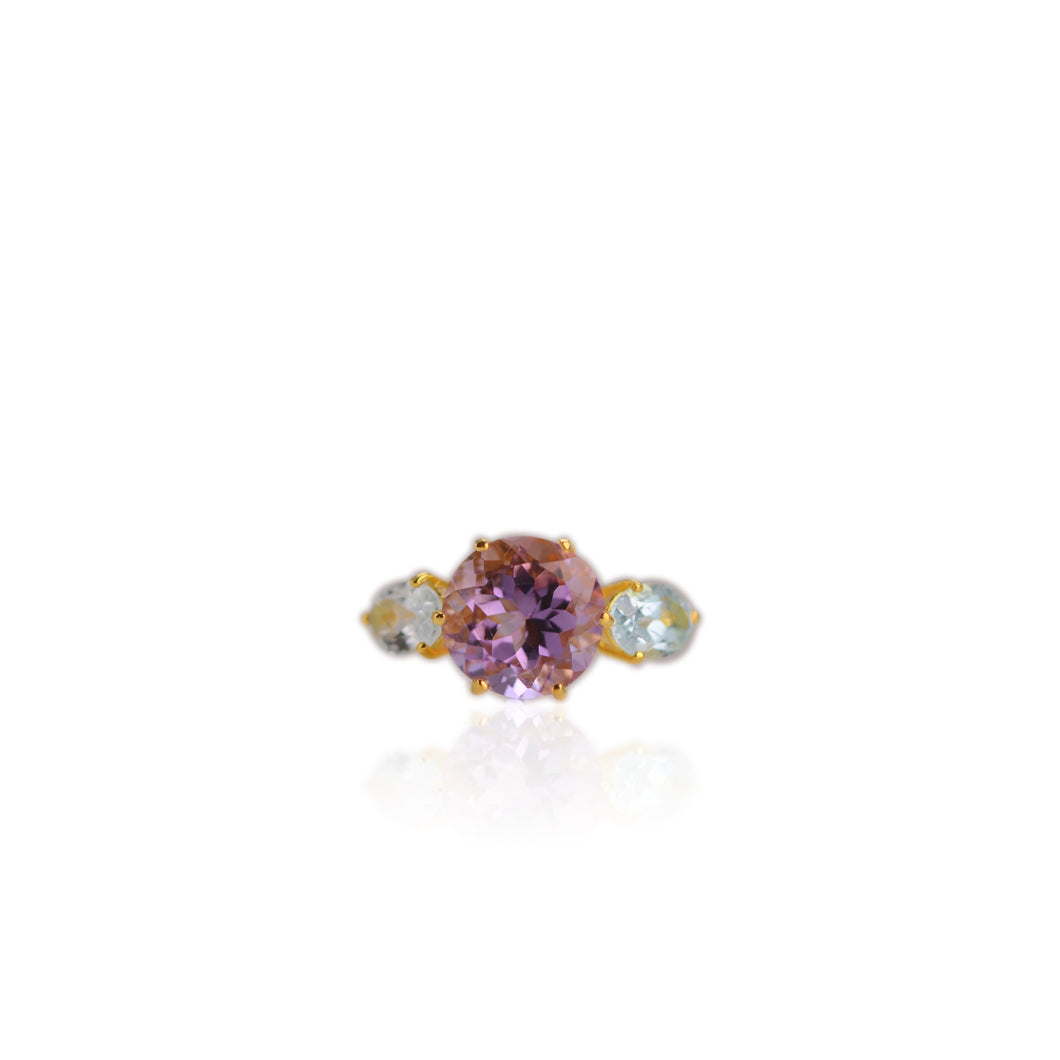 12 mm. Round Cut Purple Uruguayan Amethyst and Topaz Trilogy Ring