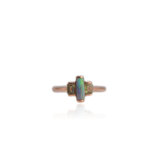 Load image into Gallery viewer, Handmade 3 x 8 mm. Baguette Cabochon Black Australian Opal and Sapphire Trilogy Ring
