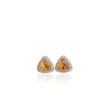Load image into Gallery viewer, 6 mm. Trillion Cut Yellow Brazilian Citrine with Cz Halo Earrings
