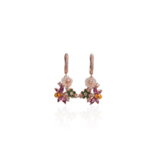Load image into Gallery viewer, 8 mm. Carved Flower Mother of Pearl, Rhodolite Garnet with Cz Accents Drop Bee Earrings
