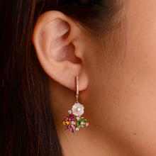 Load image into Gallery viewer, 8 mm. Carved Flower Mother of Pearl, Rhodolite Garnet with Cz Accents Drop Bee Earrings
