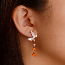 Load image into Gallery viewer, 4 mm. Round Cut Orange Ethiopian Opal, Mother of Pearl with Cz Accents Butterfly Drop Earrings
