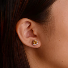 Load image into Gallery viewer, 6 mm. Trillion Cut Yellow Brazilian Citrine with Cz Halo Earrings
