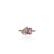Load image into Gallery viewer, 6 x 9 mm. Pear Cut Pink African Rose Quartz and Amethyst Ring
