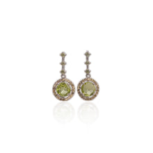 Load image into Gallery viewer, 7 mm. Round Cut Green Pakistani Peridot with Sapphire Accents Drop Earrings
