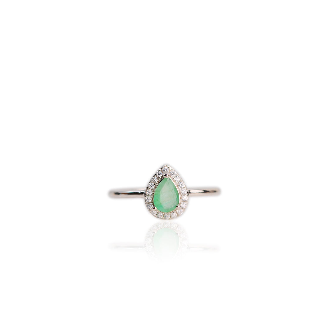 5 x 7 mm. Pear Cut Green Zambian Emerald with Cz Halo Ring