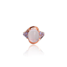 Load image into Gallery viewer, 10 x 12 mm. Oval Cabochon Pink African Rose Quartz with Tanzanite Accents Ring
