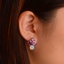 Load image into Gallery viewer, 7 mm. Round Cut Multi-coloured Ethiopian Opal and Rhodolite Garnet Cluster Earrings
