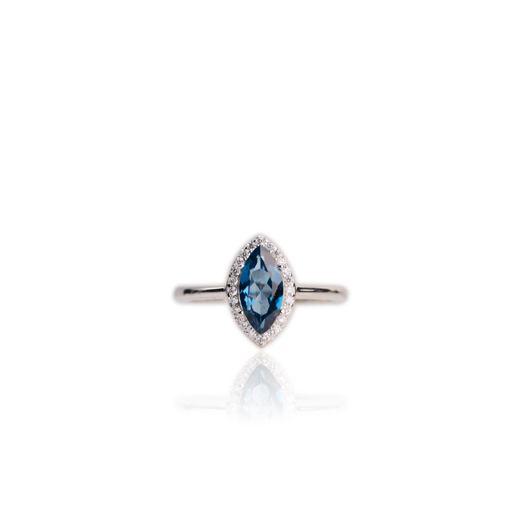 5 x 10 mm. Marquise Cut London Blue Brazilian Topaz with Cz Halo Ring