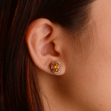 Load image into Gallery viewer, 5 x 7  mm. Oval Cut Yellow Brazilian Citrine with Sapphire Halo Earrings
