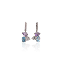 Load image into Gallery viewer, 5 x 7 mm. Pear Cut Purple Brazilian Amethyst and Topaz with Cz Accents Cluster Drop Earrings
