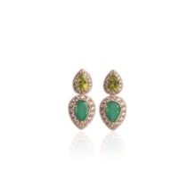 Load image into Gallery viewer, 6 x 9 mm. Pear Cut Green Botswana Agate and Peridot with Cz Halo Drop Earrings
