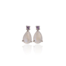 Load image into Gallery viewer, 8 x 12 mm. Pear Cabochon White Indian Moonstone with Amethyst Accents Earrings
