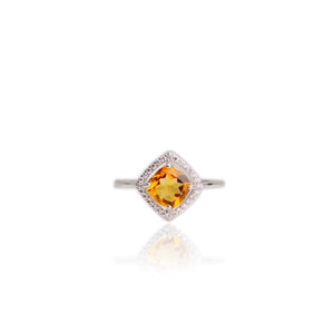 7 mm. Cushion Cut Yellow Brazilian Citrine with Cz Halo Ring