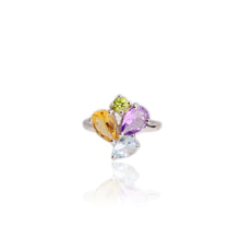 Load image into Gallery viewer, 6 x 9 mm. Pear Cut Yellow Brazilian Citrine, Amethyst, Topaz, Peridot Cluster Ring
