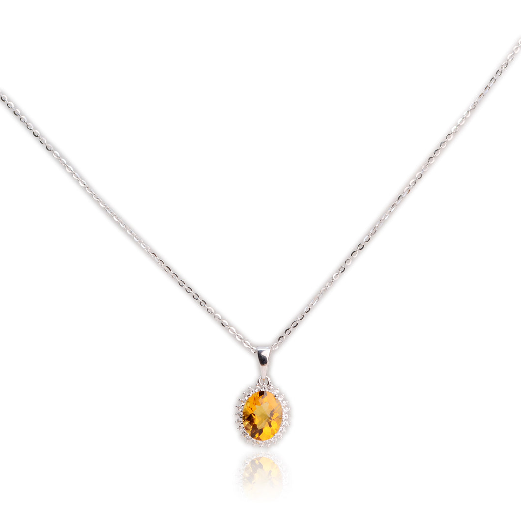 8 x 10 mm. Oval with Checkerboard Cut Yellow Brazilian Citrine with Topaz Accents Pendant and Necklace