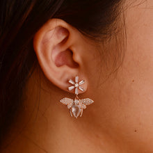 Load image into Gallery viewer, 6 x 9 mm. Pear Cut Very Light Pink African Rose Quartz with Cz Accents Drop Bee Earrings
