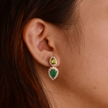 Load image into Gallery viewer, 6 x 9 mm. Pear Cut Green Botswana Agate and Peridot with Cz Halo Drop Earrings
