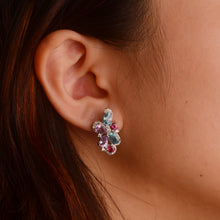 Load image into Gallery viewer, 4 x 6 mm. Oval Cut Blue Cambodian Zircon, Amethyst and Rhodolite Garnet with Cz Accents Earrings
