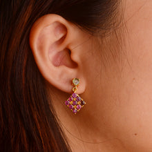 Load image into Gallery viewer, 3 mm. Round Cut Red Thai Ruby with Sapphire Accents Cluster Drop Earrings
