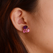 Load image into Gallery viewer, 7 x 9 mm. Oval Cut Purple Brazilian Amethyst and Topaz Cluster Earrings
