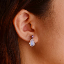 Load image into Gallery viewer, 8 x 12 mm. Pear Cabochon White Indian Moonstone with Amethyst Accents Earrings
