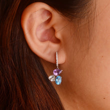 Load image into Gallery viewer, 5 x 7 mm. Pear Cut Purple Brazilian Amethyst and Topaz with Cz Accents Cluster Drop Earrings
