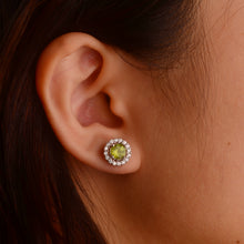 Load image into Gallery viewer, 6 mm. Round Cut Green Pakistani Peridot with Cz Halo Earrings

