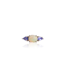 Load image into Gallery viewer, 7 x 9 mm. Oval Cabochon Multi-coloured Ethiopian Opal and Tanzanite Trilogy Ring (Blemished)
