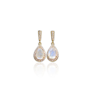 6 x 9 mm. Pear Cut White Indian Moonstone with Cz Halo Drop Earrings