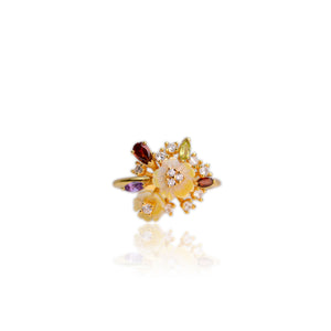 8 mm. Carved Flower Yellow Mother of Pearl, Amethyst, Peridot, Garnet with Cz Accents Cluster Ring