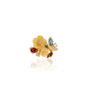 10 mm. Carved Flower Yellow Mother of Pearl, Garnet, Topaz with Cz Accents Cluster Ring