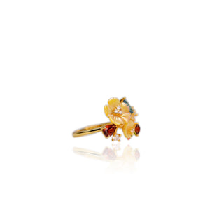 10 mm. Carved Flower Yellow Mother of Pearl, Garnet, Topaz with Cz Accents Cluster Ring