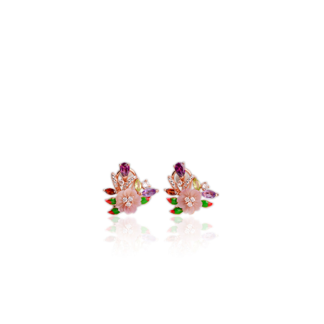8 mm. Carved Flower Pink Mother of Pearl, Garnet, Amethyst and Peridot with Cz Accents Cluster Earrings