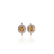 Load image into Gallery viewer, 8 mm. Cushion Cut Yellow Brazilian Citrine with Topaz Halo Earrings
