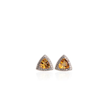 Load image into Gallery viewer, 8 mm. Trillion Cut Yellow Brazilian Citrine with Cz Halo Earrings
