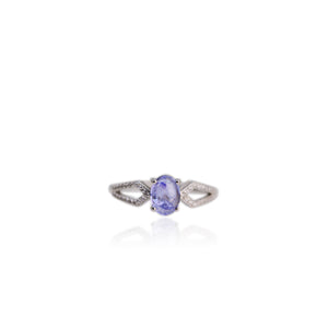 6 x 8 mm. Oval Cabochon Blue Violet Tanzanite with Cz Accents Ring