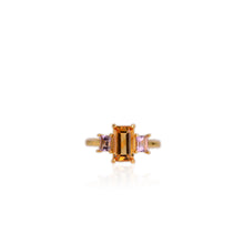 Load image into Gallery viewer, 5 x 8 mm. Octagon Cut Yellow Brazilian Citrine and Amethyst Trilogy Ring
