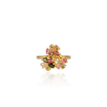 Load image into Gallery viewer, 3 x 4 mm. Pear Cut Multi-coloured Brazilian Tourmaline with Chrome Diopside Accents Cluster Ring (Blemished)
