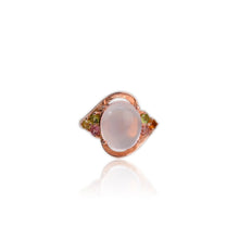 Load image into Gallery viewer, 10 x 11 mm. Oval Cabochon Pink African Rose Quartz and Tourmaline Cluster Ring
