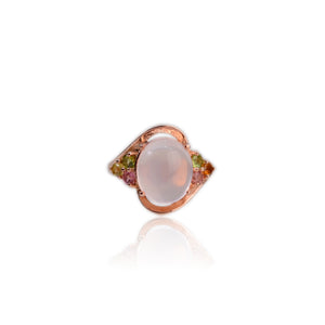 10 x 11 mm. Oval Cabochon Pink African Rose Quartz and Tourmaline Cluster Ring