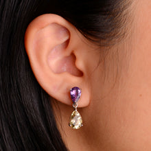 Load image into Gallery viewer, 6 x 9 mm. Pear Cut Purple Brazilian Amethyst and Citrine Drop Earrings

